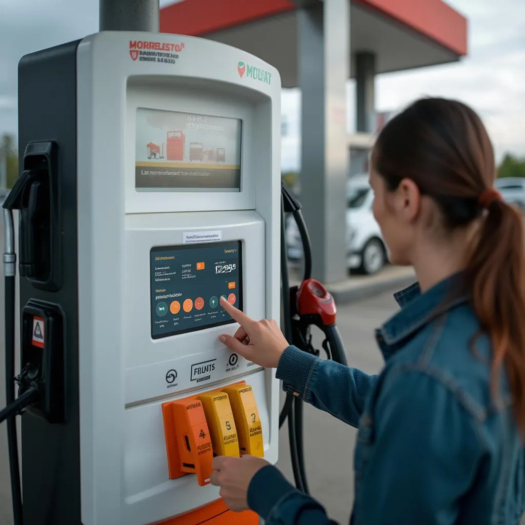 Detalle de surtidor con tecnología de pago moderna