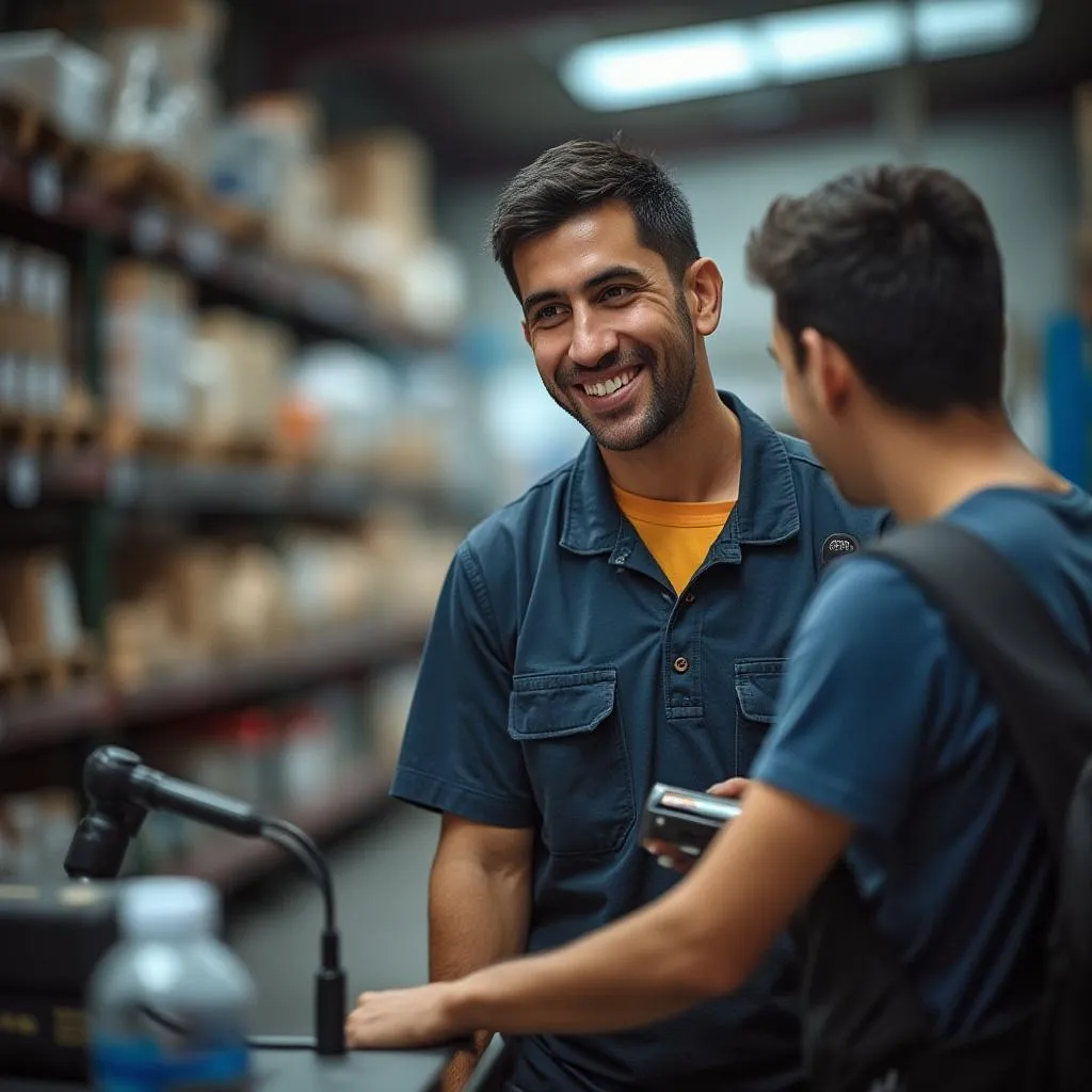 Empleado sonriente atendiendo a un cliente